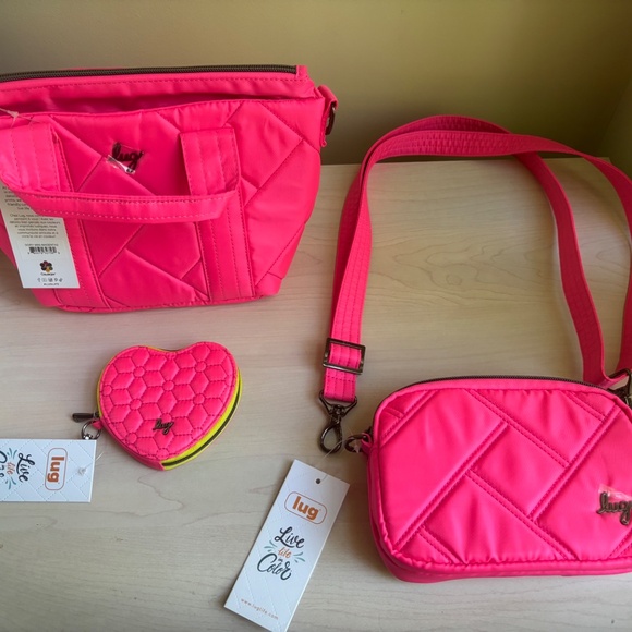 New Lug Pink Crossbody w/ Tote Handles, & Double Zipper Crossbody & Heart Pouch - Picture 2 of 16